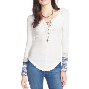Free People Newbie Thermal Ski Lodge Crochet Cuff XS White Blue Top